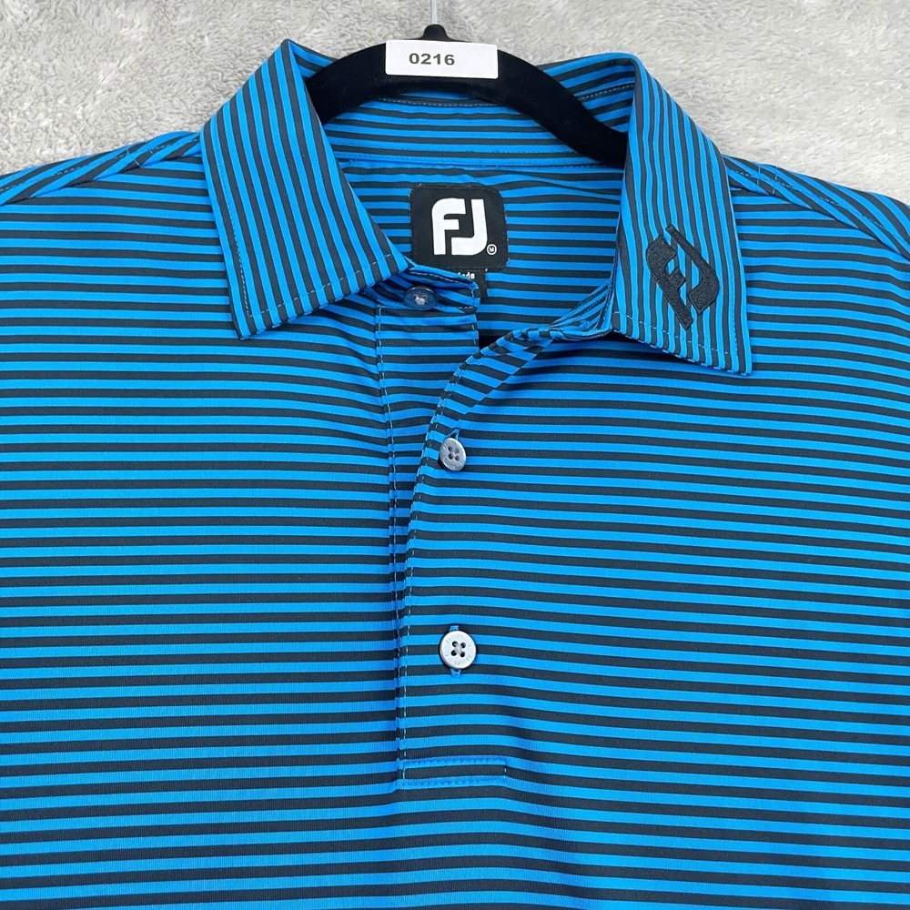 FJ Footjoy Polo Golf Shirt Mens M Blue Black Striped Performance Athletic Preppy - Picture 3 of 13